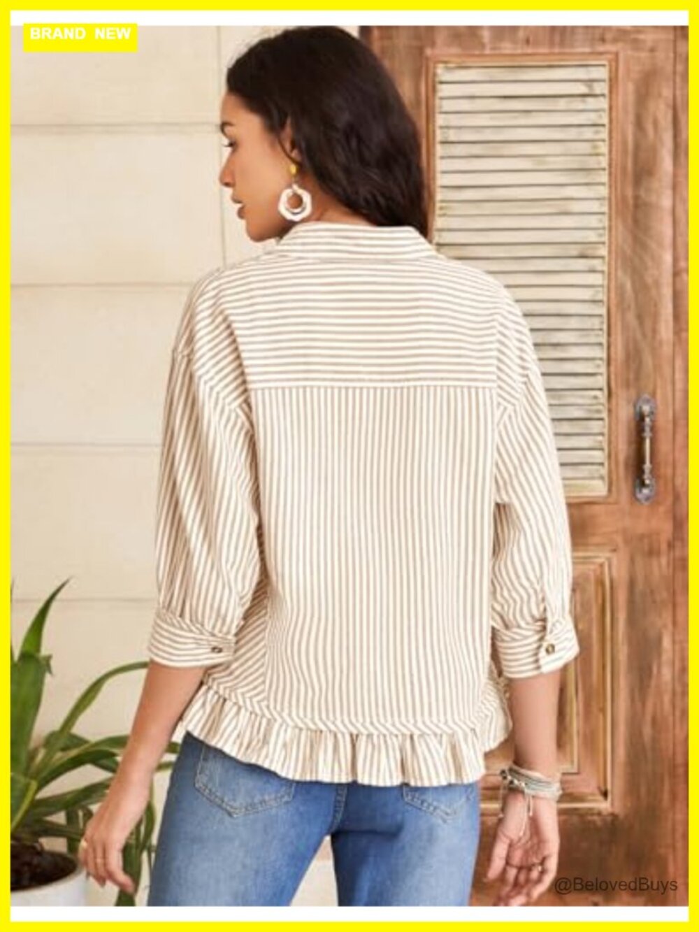 Womens 100% Cotton Cropped Button Down Shirt 3/4 Sleeve Ruffled Blouse - Picture 3 of 6